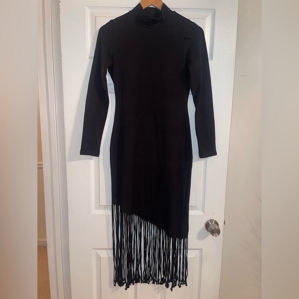 H&M Black Asymmetrical Fringe Midi Dress
